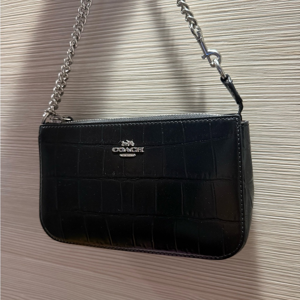 Coach Black Croc-Embossed Leather Wristlet